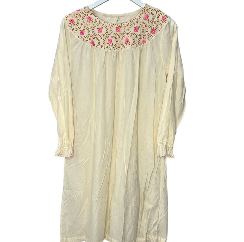 Vintage Prom'n Nod Long Sleeve Short Nightgown Beige Floral 60s Nylon Blend M